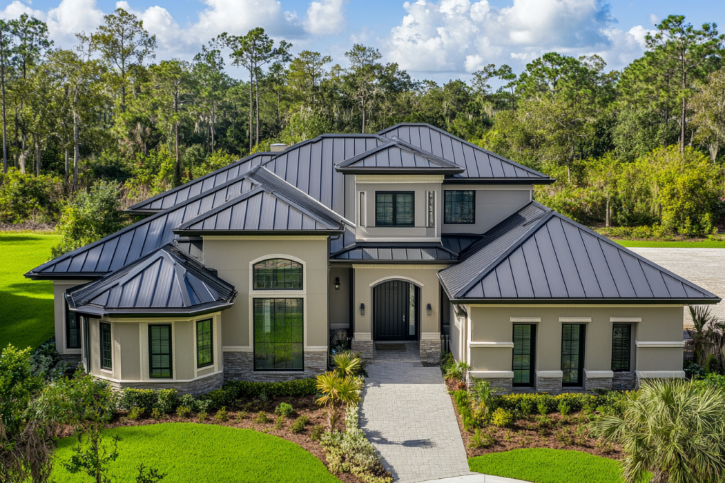 Standing seam metal roof installed on a modern home in Asheville, NC