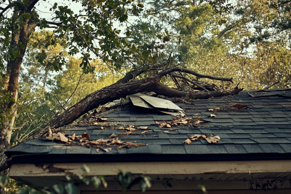 roof damage from fallen tree, Athens