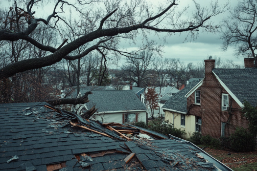 asphalt shingles and gutters damaged by falling tree limbs