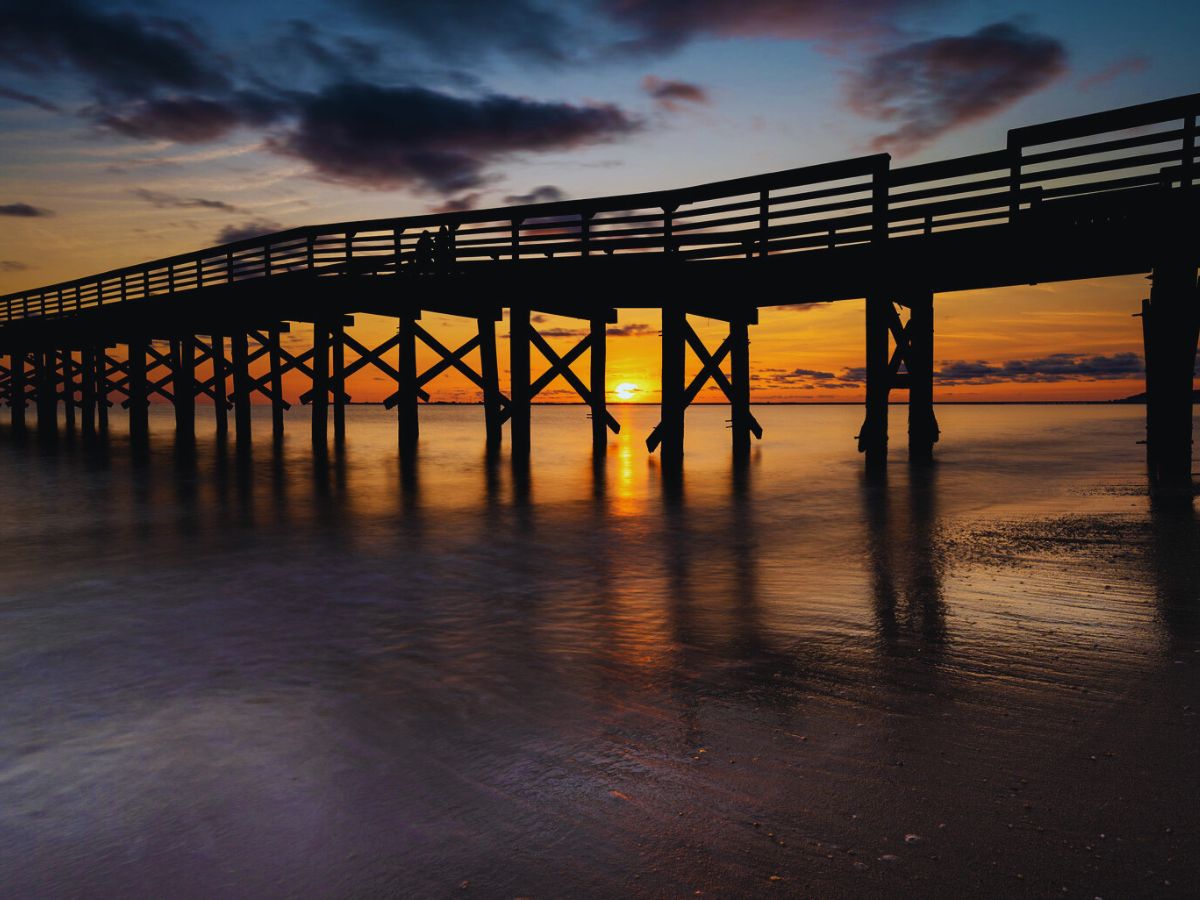 Sunrise at fishing pier in Bayshore Waterfront park, Port Monmouth, NJ